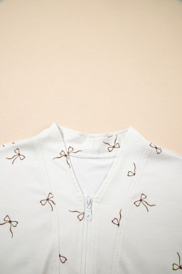 Beige Bow Print Half Zip Tank Top and Shorts Set