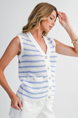 Sky Blue Striped V Neck Button Knit Vest