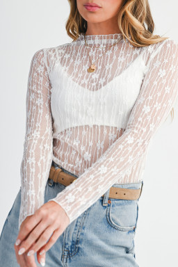 White Sheer Floral Lace Long Sleeve Slim Fit Top