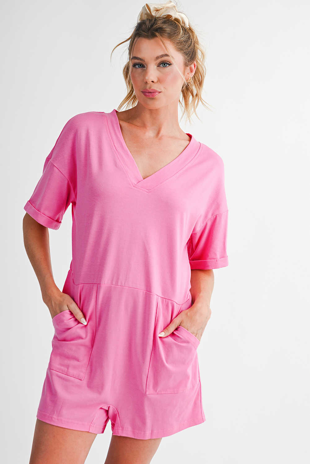Bonbon Loose Half Sleeve V Neck Plain Romper