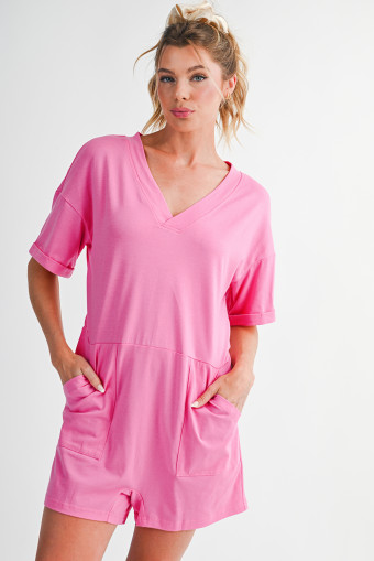 Bonbon Loose Half Sleeve V Neck Plain Romper