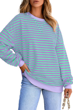 Blue Striped Contrast Trim Drop Shoulder Sweatshirt