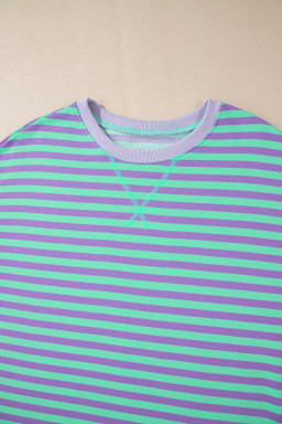 Blue Striped Contrast Trim Drop Shoulder Sweatshirt