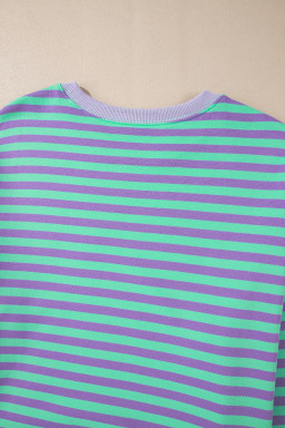 Blue Striped Contrast Trim Drop Shoulder Sweatshirt