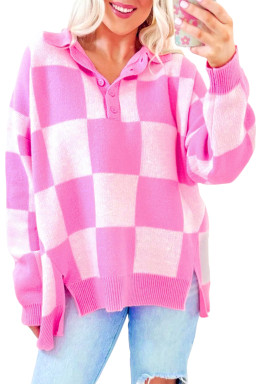 Pink Checkered Button Collared Sweater