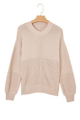 Parchment Mixed Texture Patchwork Knitted Lantern Sleeve Sweater
