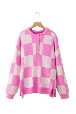 Pink Checkered Button Collared Sweater