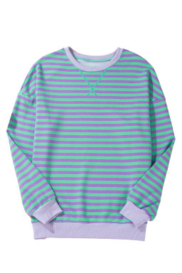 Blue Striped Contrast Trim Drop Shoulder Sweatshirt