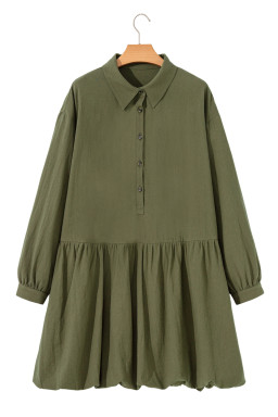 Green Plus Size Long Sleeve Ruffle Hem Mini Shirt Dress