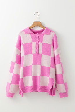 Pink Checkered Button Collared Sweater