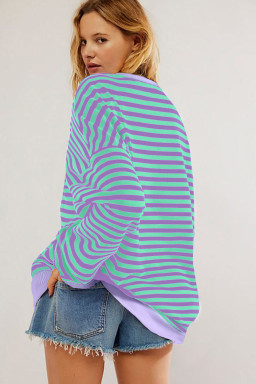 Blue Striped Contrast Trim Drop Shoulder Sweatshirt