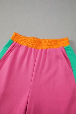 Rose Red Colorblock Patchwork Long Sleeve Top and Pants Set