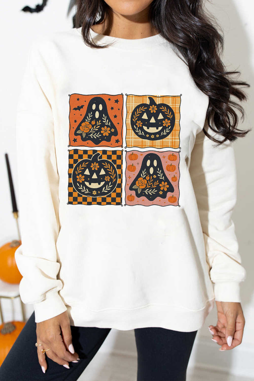 White Halloween Ghost Pumpkin Face Floral Checkered Heat Transfer Printing Graphic Sweatshirt