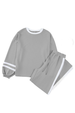Gray Contrast Trim Long Sleeve Pullover and Pants Set