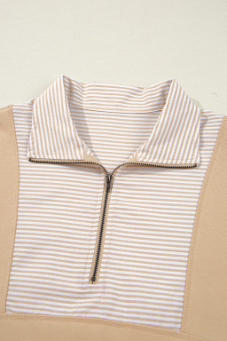 Smoke Gray Striped Patchwork Zip Collar Long Sleeve Top