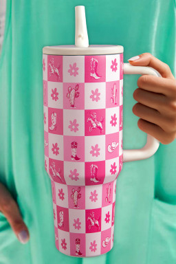 Rose Red Floral Checkered Tumbler Cup