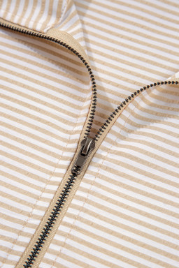 Smoke Gray Striped Patchwork Zip Collar Long Sleeve Top