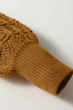 Jurassic Gold Hollow Out Crochet Ribbed Edge Balloon Sleeve Sweater