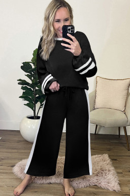 Black Contrast Trim Long Sleeve Pullover and Pants Set