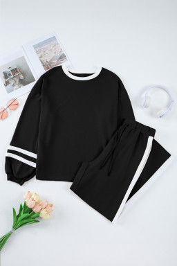 Black Contrast Trim Long Sleeve Pullover and Pants Set