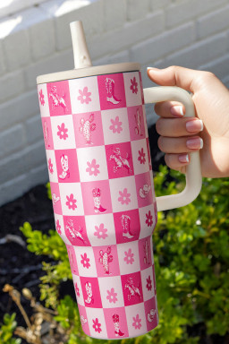 Rose Red Floral Checkered Tumbler Cup