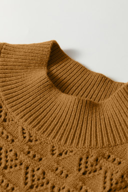 Jurassic Gold Hollow Out Crochet Ribbed Edge Balloon Sleeve Sweater