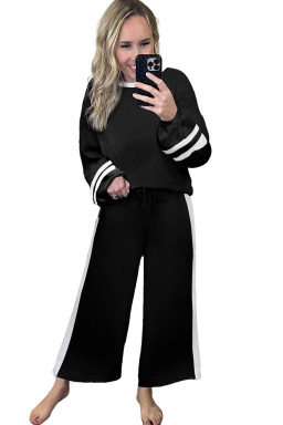 Black Contrast Trim Long Sleeve Pullover and Pants Set