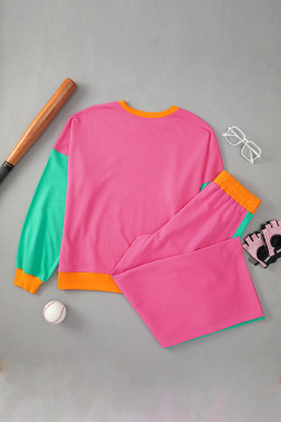 Rose Red Colorblock Patchwork Long Sleeve Top and Pants Set