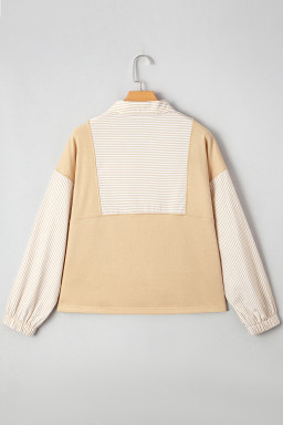 Smoke Gray Striped Patchwork Zip Collar Long Sleeve Top