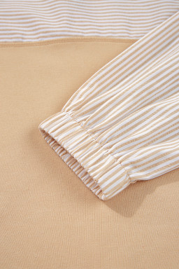 Smoke Gray Striped Patchwork Zip Collar Long Sleeve Top