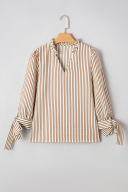 Straw Yellow Striped Frill V Neck Knot Bracelet Sleeve Blouse