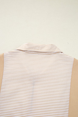 Smoke Gray Striped Patchwork Zip Collar Long Sleeve Top