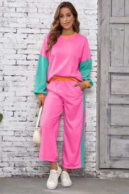 Rose Red Colorblock Patchwork Long Sleeve Top and Pants Set