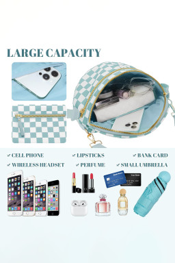 Mist Blue Checkered Print Wide Strap Large Crossbody Bag