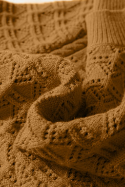 Jurassic Gold Hollow Out Crochet Ribbed Edge Balloon Sleeve Sweater