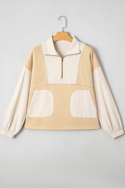 Smoke Gray Striped Patchwork Zip Collar Long Sleeve Top