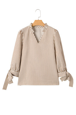 Straw Yellow Striped Frill V Neck Knot Bracelet Sleeve Blouse