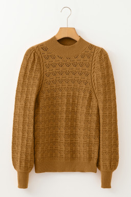 Jurassic Gold Hollow Out Crochet Ribbed Edge Balloon Sleeve Sweater