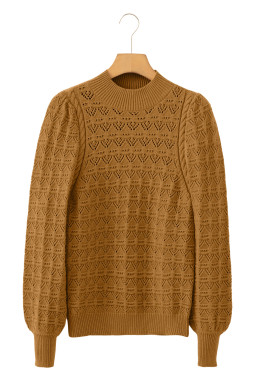 Jurassic Gold Hollow Out Crochet Ribbed Edge Balloon Sleeve Sweater