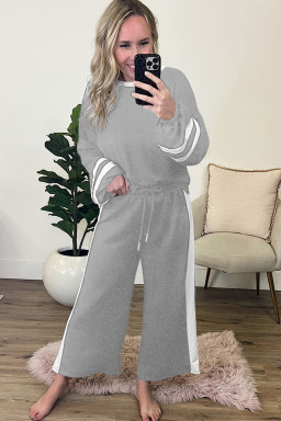 Gray Contrast Trim Long Sleeve Pullover and Pants Set