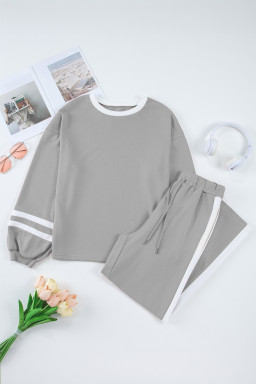 Gray Contrast Trim Long Sleeve Pullover and Pants Set