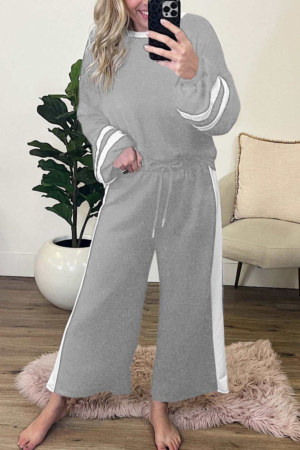 Gray Contrast Trim Long Sleeve Pullover and Pants Set