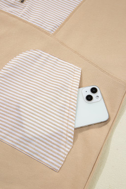 Smoke Gray Striped Patchwork Zip Collar Long Sleeve Top