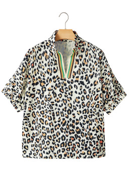 Khaki Pop of Color Neckline Loose Fit Leopard Print Blouse