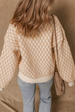 Smoke Gray Checkered Textured Knit Mock Neck Sweater