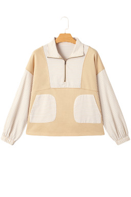 Smoke Gray Striped Patchwork Zip Collar Long Sleeve Top