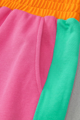 Rose Red Colorblock Patchwork Long Sleeve Top and Pants Set