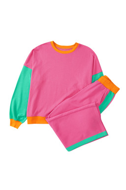 Rose Red Colorblock Patchwork Long Sleeve Top and Pants Set