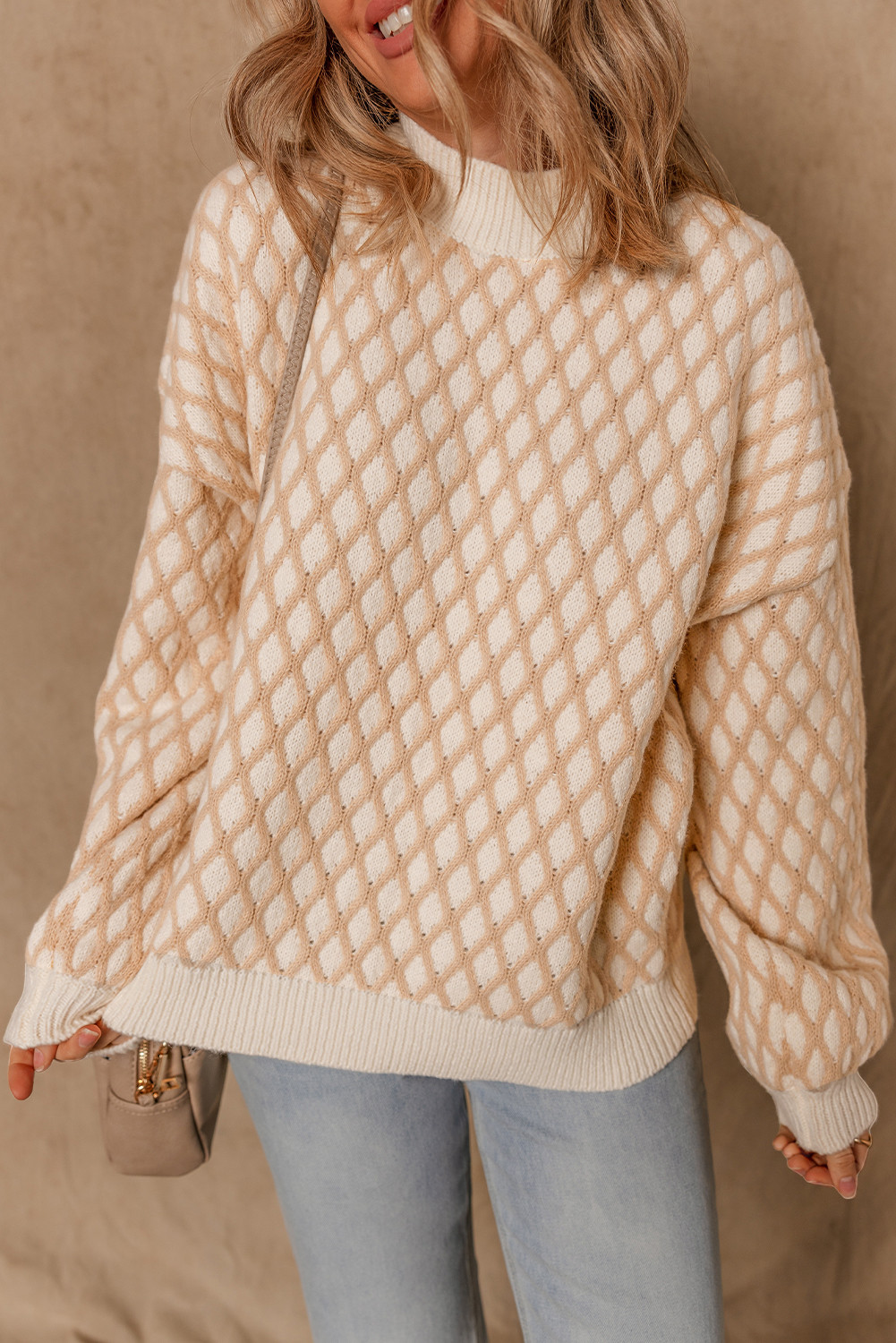 Smoke Gray Checkered Textured Knit Mock Neck Sweater