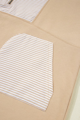 Smoke Gray Striped Patchwork Zip Collar Long Sleeve Top